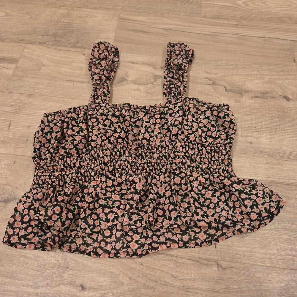Forever 21 Ditsy Floral Smocked Peplum Tank Top - Black/Pink - Size Small - Picture 6 of 6
